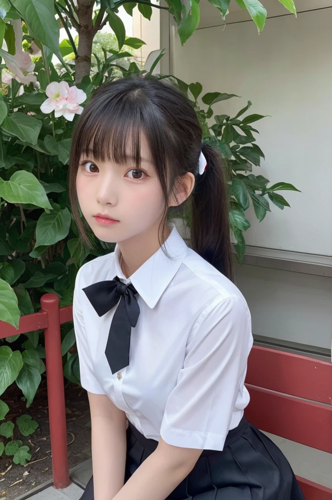 1 Girl, alone, Japanese girl, 12 years old, (Highest quality, Realistic, High resolution, 8K, Very detailed, Detailed face, Shiny skin), Japanese , Collared shirt, White shirt, Red ribbon tie, Black Hair, ragged bangs, ponytail,Gazing into the distance,Checked mini skirt、Nice thighs、