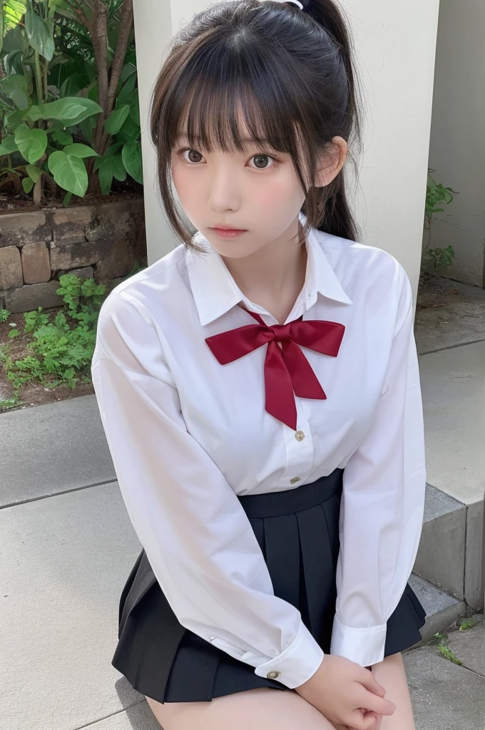 1 Girl, alone, Japanese girl, , (Highest quality, Realistic, High resolution, 8K, Very detailed, Detailed face, Shiny skin), Japanese , Collared shirt, White shirt, Red ribbon tie, Black Hair, ragged bangs, ponytail,Gazing into the distance,Checked mini skirt、Nice thighs、