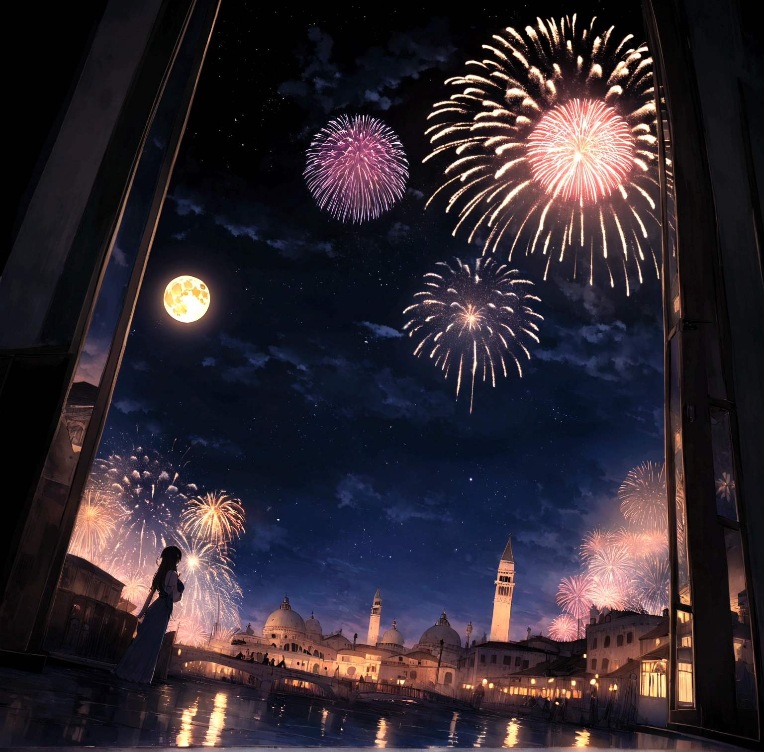 night city of venice in the year 1400 photo taken from below showing the wet and shiny floor 8k ultra bright detail with very impressive reflection of lights with flowers in the windows intense glow of the moon and fireworks in the sky lots of flowers in the windows a party lots of fireworks gigantic cloud fireworks in the sky and bright moon fireworks illuminating the sky
