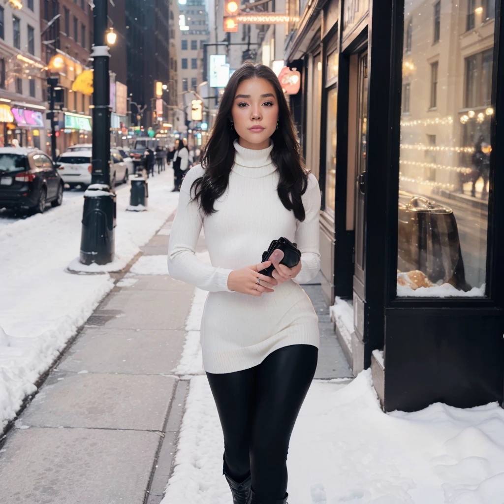 a candid photo of Olivia Ponton, ultrarealistic, photorealistic, 8k, dslr, makeup, jewelry, beautiful, perfect face, detailed skin, detailed face, detailed eyes, walking down the streets of New York City, wearing a long white turtleneck sweater and black leggings with snow boots, being photographed by paparazzi