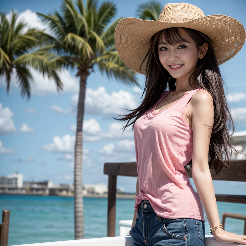 32 year old girl, very thin, with mini Texan brim, posing for photo, on the seafront in summer, with a pink top, smiling, dark black hair, light brown eyes