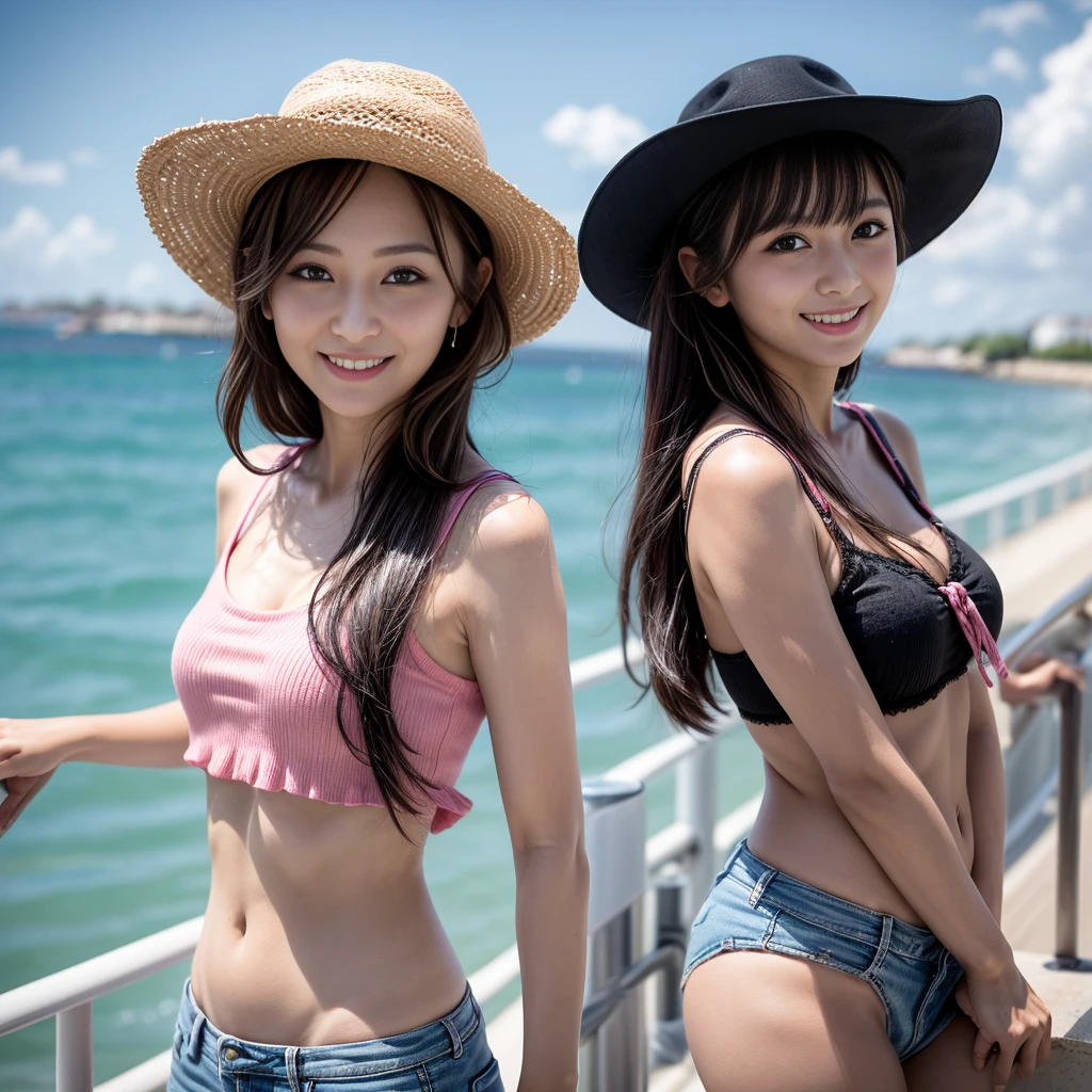  32 year old girl, very thin, with mini Texan brim, posing for photo, on the seafront in summer, with a pink top, smiling, dark black hair, light brown eyes