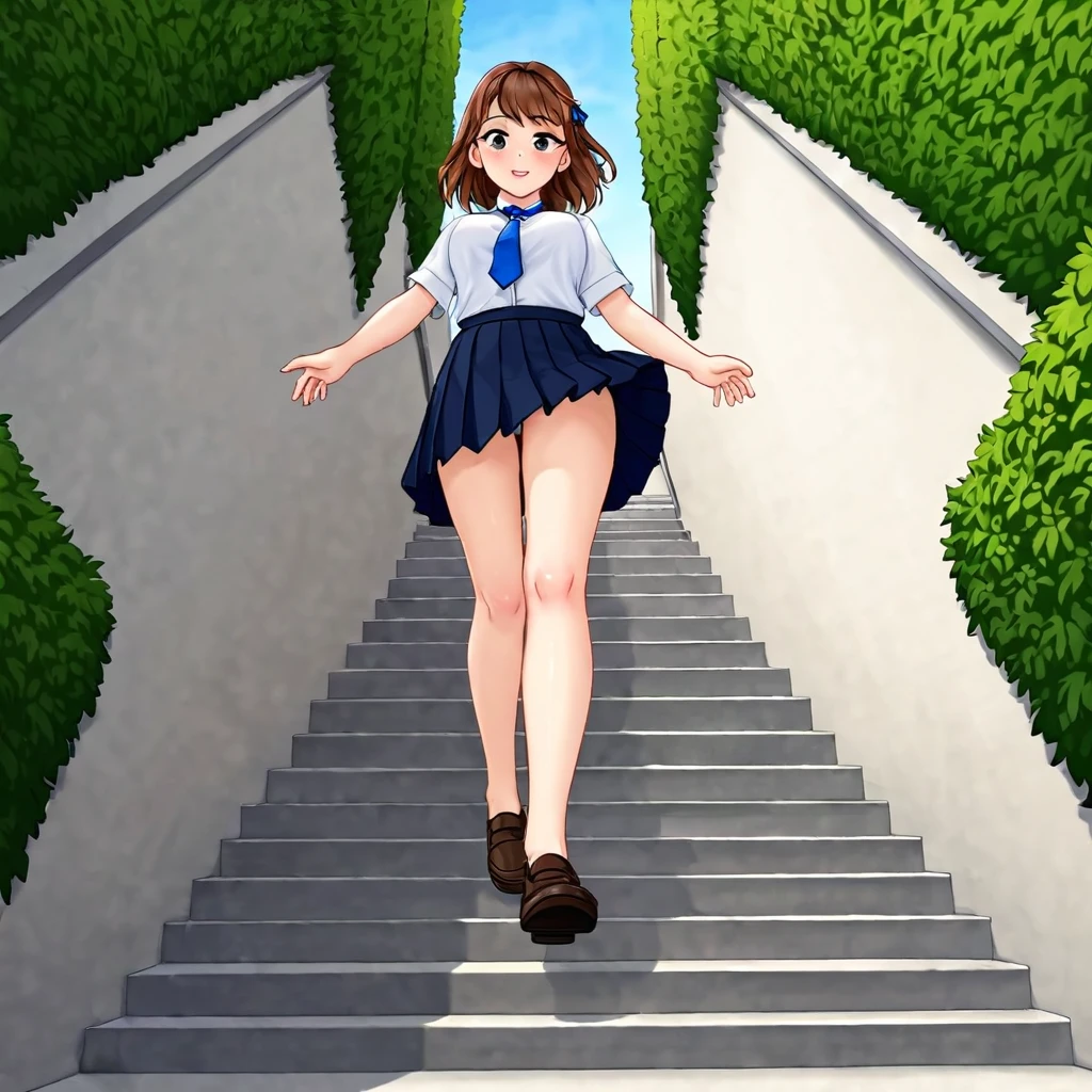 Create a high-resolution, natural-looking digital illustration of a teenage Japanese girl. She has a youthful, round face with a comforting and gentle expression. Her long, silky brown hair flows smoothly down her back, and she has clear, beautiful skin. The setting is under a pedestrian bridge, and the shot is a full-body view taken from a low angle. She is climbing stairs with a strong wind blowing, causing her summer  skirt to flutter slightly. She has large, expressive black eyes. Her summer  consists of a short-sleeved white blouse with a light blue ribbon tie and a pleated navy skirt. The background includes the underside of the bridge, a few stairs, and some green foliage peeking through. Ensure the image adheres to all policies and portrays a wholesome and friendly vibe.