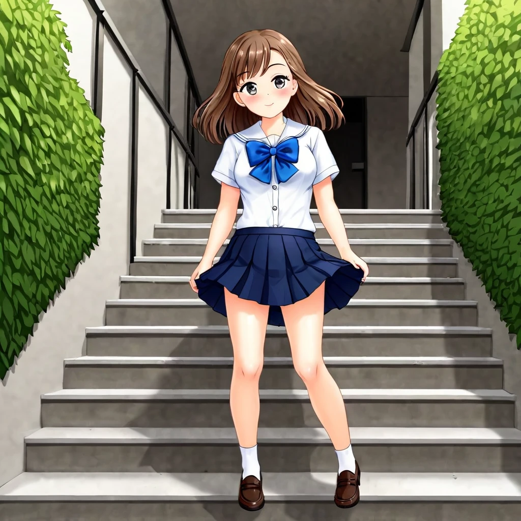 Create a high-resolution, natural-looking digital illustration of a teenage Japanese girl. She has a youthful, round face with a comforting and gentle expression. Her long, silky brown hair flows smoothly down her back, and she has clear, beautiful skin. The setting is under a pedestrian bridge, and the shot is a full-body view taken from a low angle. She is climbing stairs with a strong wind blowing, causing her summer  skirt to flutter slightly. She has large, expressive black eyes. Her summer  consists of a short-sleeved white blouse with a light blue ribbon tie and a pleated navy skirt. The background includes the underside of the bridge, a few stairs, and some green foliage peeking through. Ensure the image adheres to all policies and portrays a wholesome and friendly vibe.