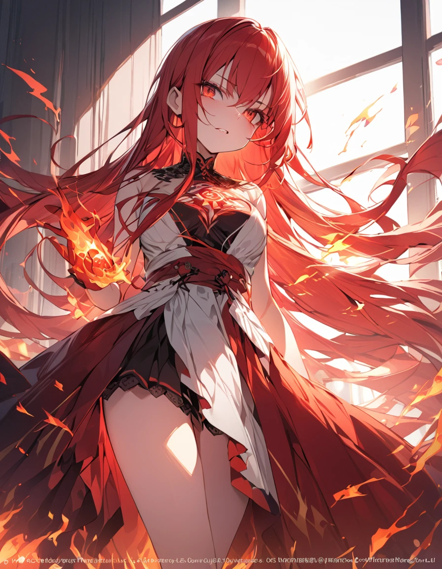masterpiece Detailed description A woman with very long red hair Very intense flames all over Spell