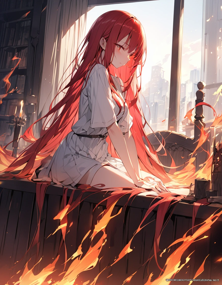 masterpiece Detailed description A woman with very long red hair Very intense flames all over Spell