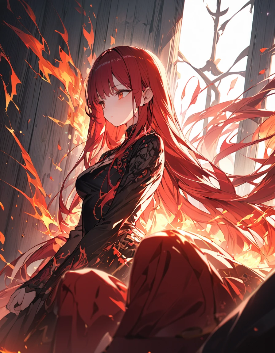 masterpiece　Detailed description　A woman with very long red hair　Very intense flames all over　Spell　
