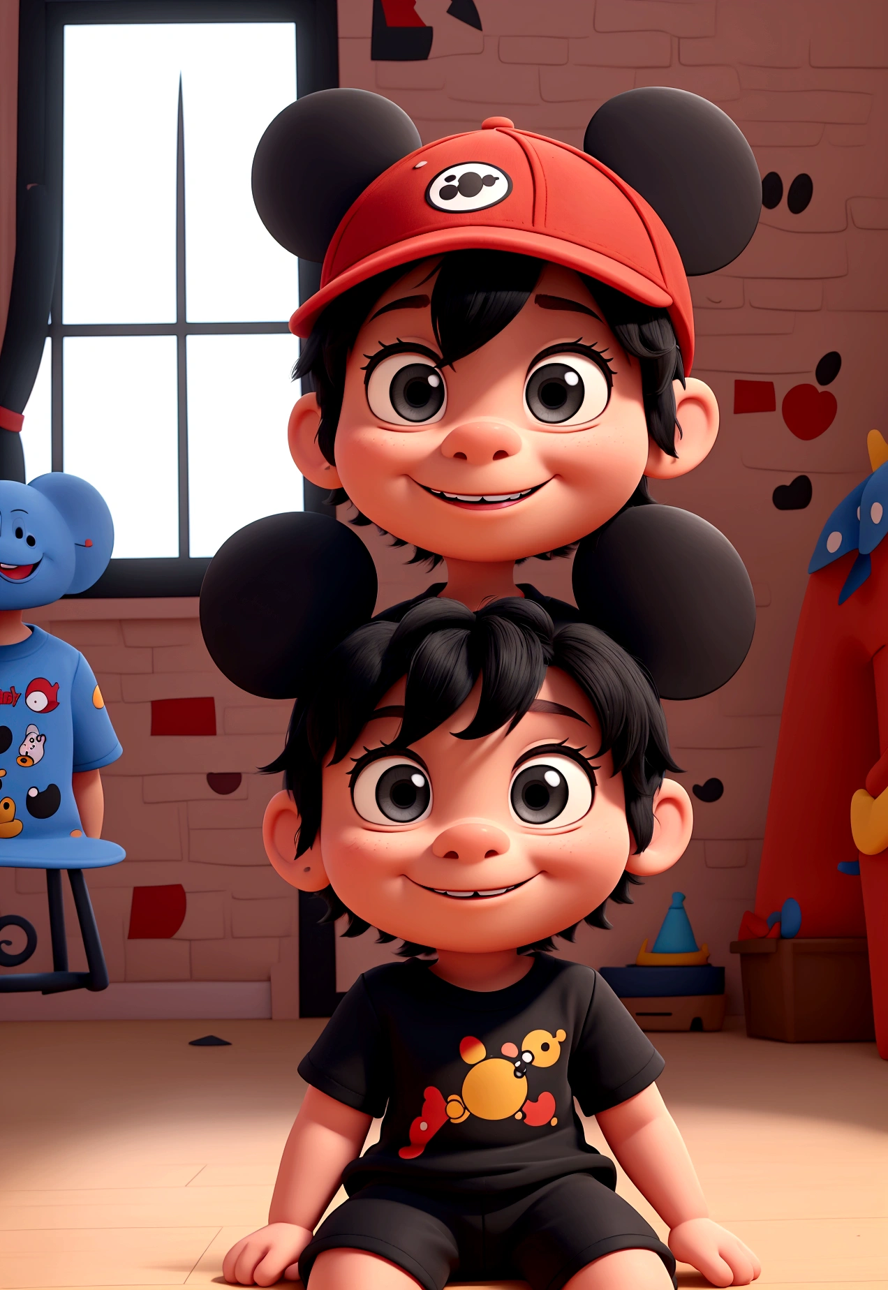 Create a 3D drawing in Disney cartoon format, of a 1 year old baby, black and short hair, sitting in red shorts and a black shirt with the Disney castle printed on the shirt and wearing a Mikey Mouse hat, character from Disney Words
