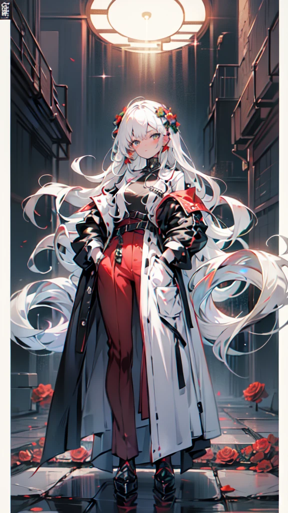 1 woman in a red dress and black heels standing in front of a wreath of red roses, hand in pocket, white hair deity, High quality anime image of a cute girl., anime girl with long hair, perfect white hair anime girl, anime girl gothic maiden, high quality anime art style., animated style, cute anime waifu with a beautiful dress, Red suit, beautiful anime art, de arknights