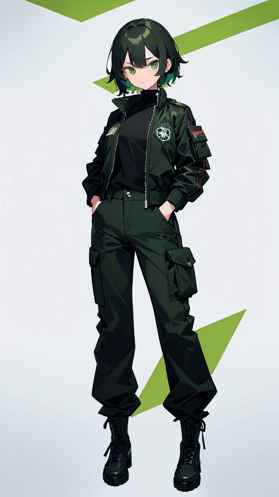 ((Masterpiece, Highest quality)), Detailed face, Black and white,, a girl in a black jacket and green Cargo pants standing, wearing Cargo pants, a green colored bomber jacket, Cargo pants , wearing dark green bomber jacket, black bomber jacket, black rugged clothing, cropped shirt with jacket, black pants, wearing a turtleneck and jacket, a girl wearing a black jacket, bomber jacket, black and green, white and black color scheme ((modern clothes)) Looking at the viewer, looking at the camera,