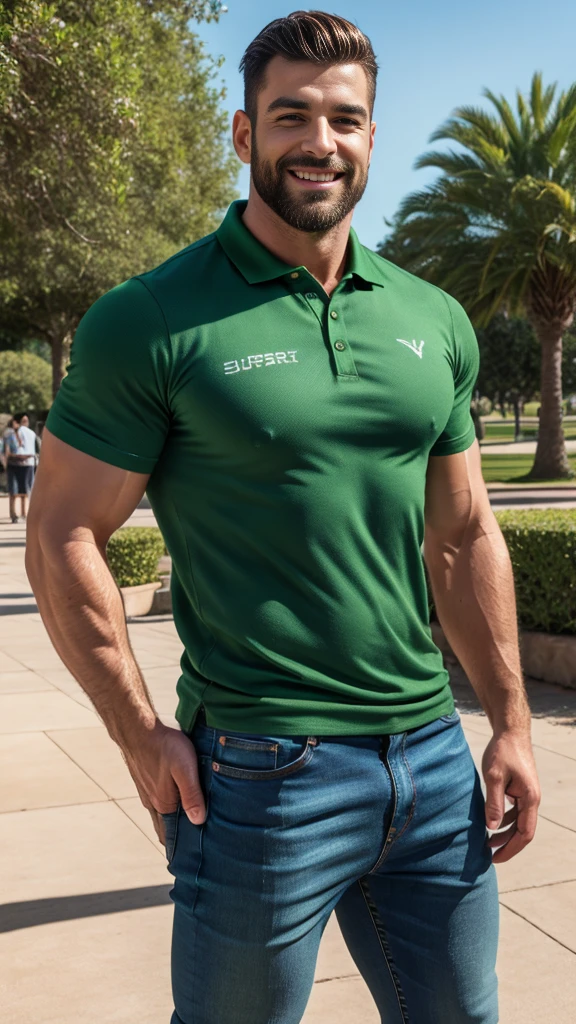 Handsome muscular man beard, strong and muscular legs, big lump, artwork, sonriendo, super sexy in jeans and Green polo shirt with blackstripes 8k ultra realistic masterpiece great detail next to a font super muscular , sexy , en el parque, 40 años de edad , de perfil 