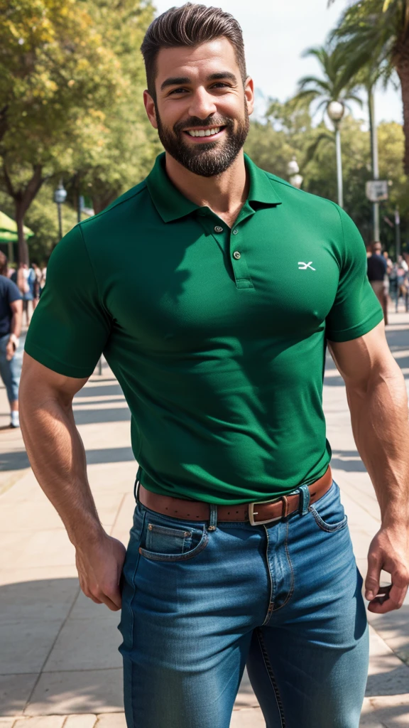 Handsome muscular man beard, strong and muscular legs, big lump, artwork, sonriendo, super sexy in jeans and Green polo shirt with blackstripes 8k ultra realistic masterpiece great detail next to a font super muscular , sexy , en el parque, 40 años de edad , de perfil