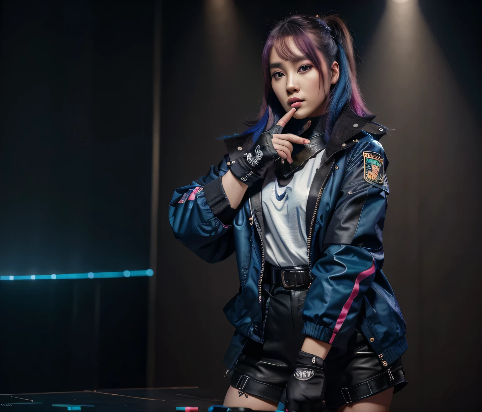 The Most Beautiful Woman Kpop Singer, Beautiful Young South Korean Features, T-Shirt Black, Beautifully Make Up, Highly Detailed Face, Pink Hair, Wears a Blue Jacket with Camouflage, Militory Uniform Dark Blue Color, Belt With Ammunition, Black Leather Gloves , Holds Pistols, One On Each Hand, Holster, She is on a Concert Stage With Colored Lights, Confetti, Hyperrealistic, 4K, Ultra Detailed Image, Realistic, Highly Detailed, Perfect Composition, Gorgeous, Intricately Detailed, Incredibly Detailed, Art Photography , Hyper Detailed, Masterpiece, Ultra Detailed, Hyper Realistic, 4k, Ultra Detailed Image, Realistic, Highly Detailed, Perfect Composition, Beautiful, Intricately detailed, Incredibib Detailed, Art Photography 8k, Hyper Detailed, Masterpiece