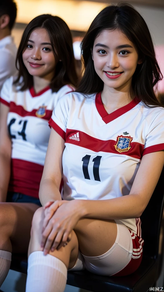 ((A woman wearing a red soccer uniform and skinny jeans:))、(Highest quality、high resolution、High resolution、masterpiece、8K:1.3)、One Japanese woman、Full body photo、At a football stadium in England、22-year-old woman、Very beautiful woman、(Nikon Z9 NIKKOR Z 50mm f/1.2 S 50mm F/11 1/40secs:1.2)、((Long Shot))、(Depth)、Perfect proportions、With a refreshing smile、Direct your gaze this way、Detailed face and eyes、Detailed nose、(RAW Photos、Clear photos、High definition:1.3)、Medium Hair、Hair with a loose perm、