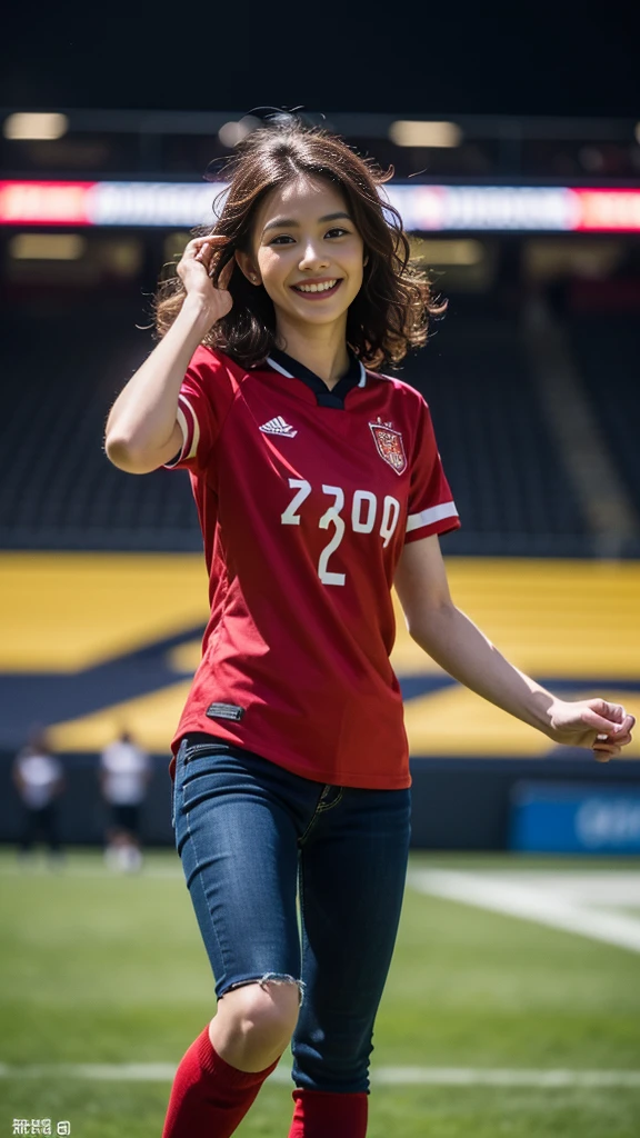 ((A woman wearing a red soccer uniform and skinny jeans:))、(Highest quality、high resolution、High resolution、masterpiece、8K:1.3)、One Japanese woman、Full body photo、At a football stadium in England、22-year-old woman、Very beautiful woman、(Nikon Z9 NIKKOR Z 50mm f/1.2 S 50mm F/11 1/40secs:1.2)、((Long Shot))、(Depth)、Perfect proportions、With a refreshing smile、Direct your gaze this way、Detailed face and eyes、Detailed nose、(RAW Photos、Clear photos、High definition:1.3)、Medium Hair、Hair with a loose perm、