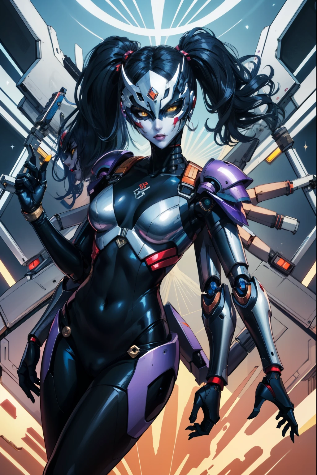 ExtraArms, 6 arms,(masterpiece, best quality:1.2, Detailed Face), solo, makeup,twintails,yellow eyes,black hair,pale skin, purple armor,black bodysuit,humanoid robot,robot joints,Robot mask,covered navel,