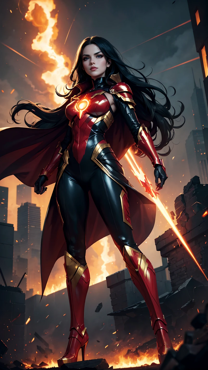 (((full body photo))) Detailed background, masterpiece, best quality, 25 year old female supervillain, red skin decent, black eyeballs, futuristic skyline, burning buildings, meteor crashing in background, super long flowing black hair, long gold cape, evil but beautiful face, toned thin figure, full body, flying pose, elegant, powerful, immortal, lit by red solar flare, fire storm, body armor, armored gold boots, glowing red accents on costume, gold armored gloves, red and black superhero bodysuit, red glow in eyes