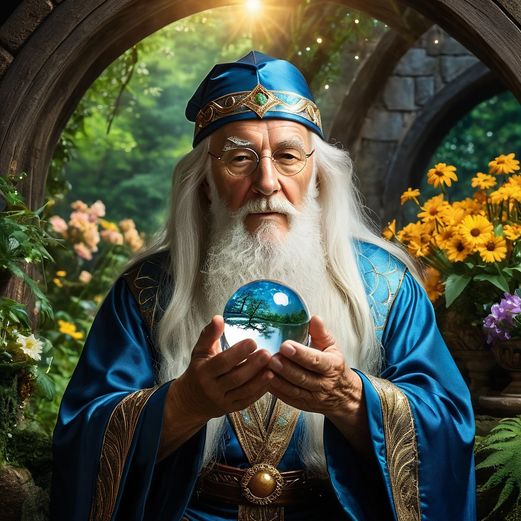 Create a highly detailed and realistic image of an elderly wizard with long white hair and a beard, holding a large crystal ball. The crystal ball contains a miniature, vivid landscape with a river flowing through a lush forest, surrounded by trees and flowers. The wizard's expression is contemplative as he gazes at the scene within the crystal ball. The background includes a dimly lit, mystical setting with arches and soft, warm lighting, adding to the magical atmosphere. Photo Realistic photo, vibrant colors, 16k