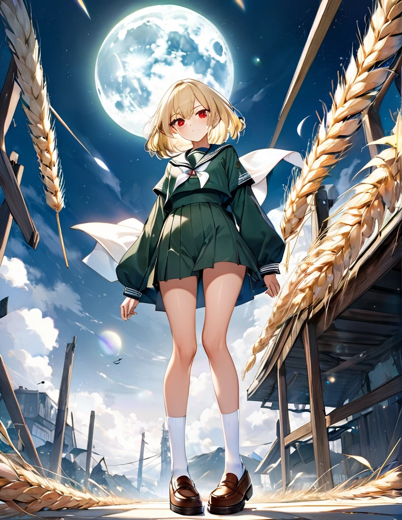 Highest quality, masterpiece, Ultra-high resolution, One girl,
blondes、Smooth Hair、Two-tone hair、Bobcut、Red Eyes、Sparkling Eyes、Detailed eyes、Slanted Eyes、Tanned, wheat-colored skin、Brown Skin、Traditional deep green sailor suit、White socks、loafers、whole body、Low - Angle、Fanning angles、Fantastic scene、Standing with your legs apart、Arms crossed、Confident expression、The full moon appears to be the same size as the large white body、god々Cool atmosphere、A ruined world、White Moon