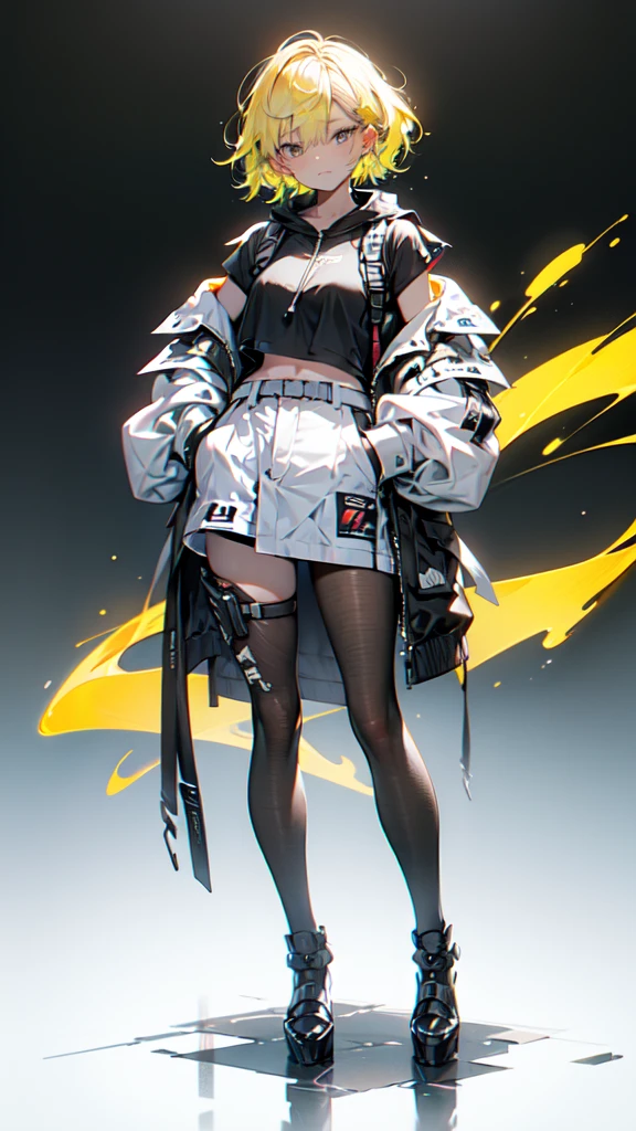 1 girl, short yellow hair, cyberpunk, Alice in Wonderland, black high heels, hand in pocket, best quality, 4k, 8k, highres, masterpiece:1.2, ultra-detailed, realistic, photorealistic, photo-realistic:1.37, HDR, UHD, studio lighting, ultra-fine painting, sharp focus, physically-based rendering, extreme detail description, professional, vivid colors, bokeh, concept art