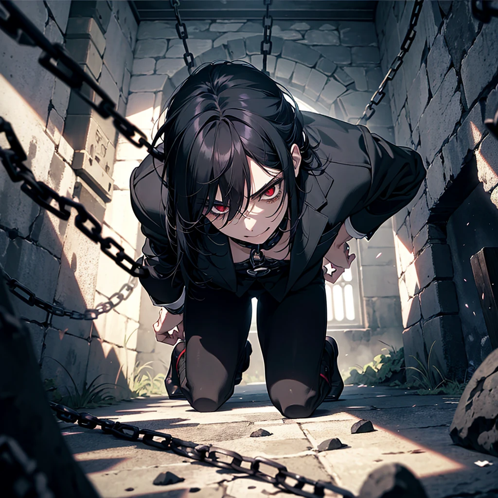 1 male, prisioner, long black hair, red eyes, handcuffed, hands behind back, on his knees, shirtless, bowed, looking up, gesugao, evilness, malice and  facial expression, evil look, prision cell background, dark cell, chained, chains, dungeon, no light, stone wall with chains, stone roof, no windows, dark, no lights. Sadistic laugh, wide open eyes, laughing with mouth open