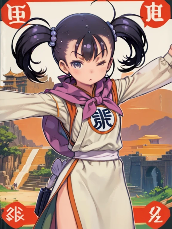 (masterpiece, Highest quality:1.1), Warrior (dq3), One girl, alone, Long Hair, Twin tails, View your viewers, Black Hair, hair ornaments, Long sleeve, dress, Medium chest, Mouth closed, Cowboy Shot, Iris, Raise your arms, Chinese clothing, Hair ties, Clenched hands, Combat Stance, Yin and Yang simple background