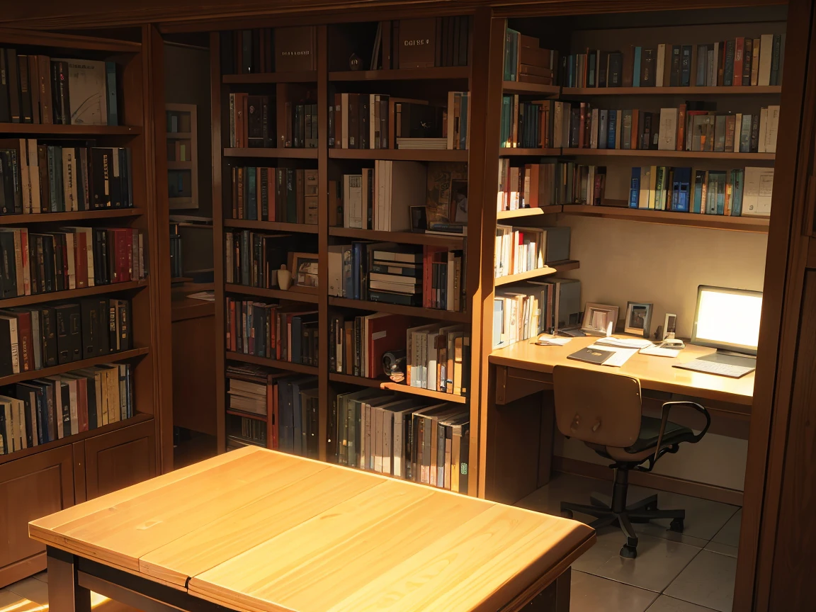 A narrow and dark study、A wall completely covered with bookshelves、desk with a computer、No people