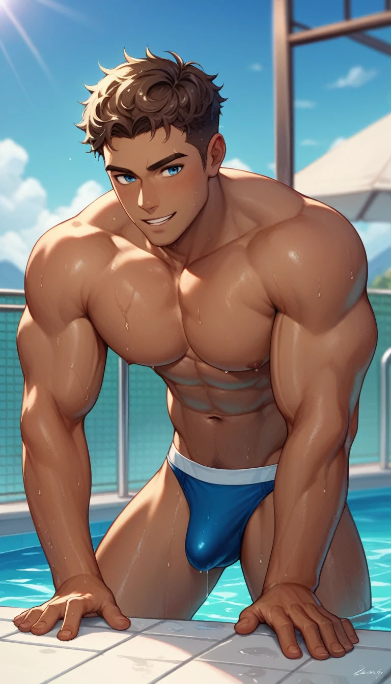 best quality, masterpiece, amazing details, (handsome dark skinned muscular young man with curly brown hair), tiny low rise blue speedos, climbing out of hotel resort swimming pool, wet body, perfect fingers, no watermark, no logo, no signature