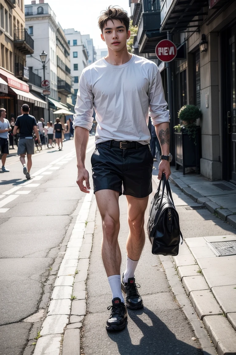 Handsome man casual outfit in shorts ,street ,alone