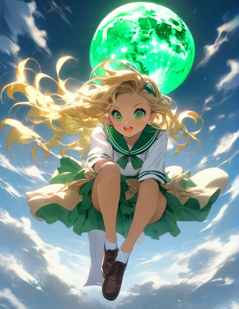 Highest quality, masterpiece, Ultra-high resolution, One girl,
blondes、Smooth Hair、Two-tone hair、Bobcut、Red Eyes、Sparkling Eyes、Detailed eyes、Slanted Eyes、Tanned, wheat-colored skin、Brown Skin、Traditional deep green sailor suit、White socks、loafers、whole body、Low - Angle、Fanning angles、Fantastic scene、Standing with your legs apart、Arms crossed、Confident expression、The full moon appears to be the same size as the large white body、god々Cool atmosphere、A ruined world、White Moon
