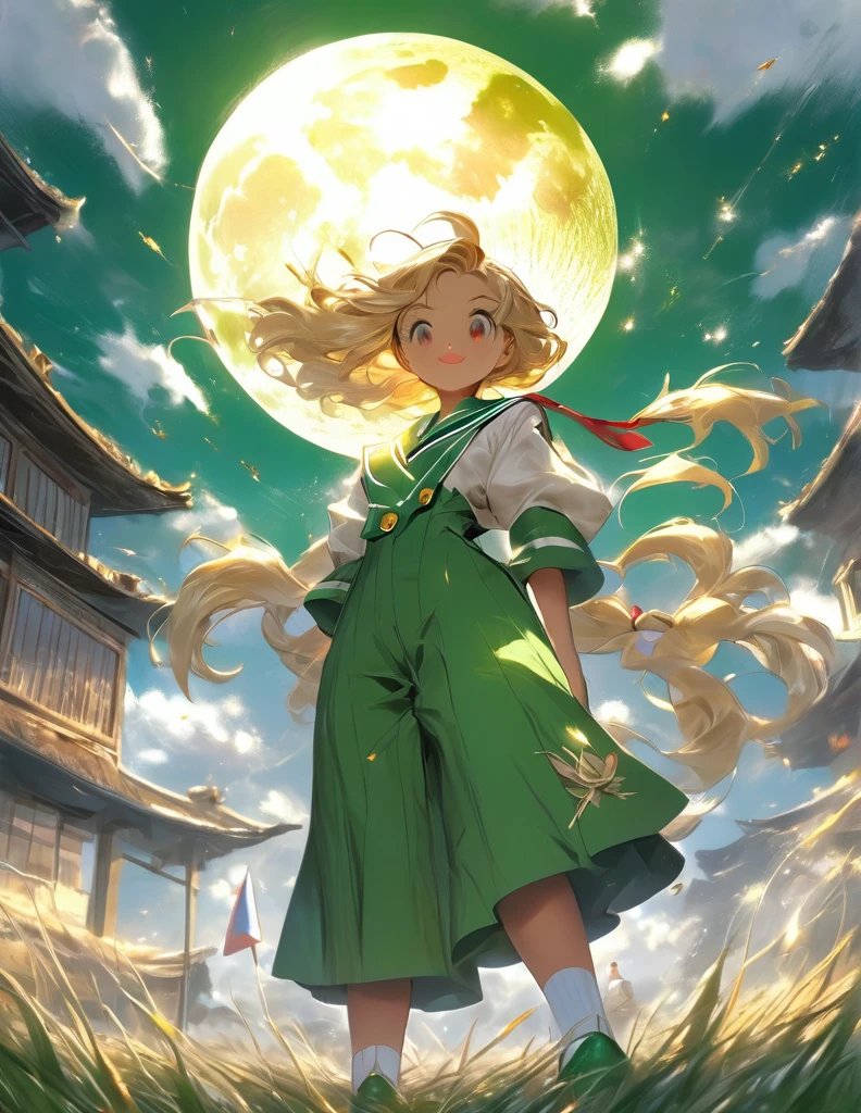 Highest quality, masterpiece, Ultra-high resolution, One girl,

blondes、Smooth Hair、Two-tone hair、Bobcut、Red Eyes、Sparkling Eyes、Detailed eyes、Slanted Eyes、Tanned, wheat-colored skin、Brown Skin、Traditional deep green sailor suit、White socks、loafers、whole body、Low - Angle、Fanning angles、Fantastic scene、Standing with your legs apart、Arms crossed、Confident expression、The full moon appears to be the same size as the large white body、god々Cool atmosphere、A ruined world、White Moon