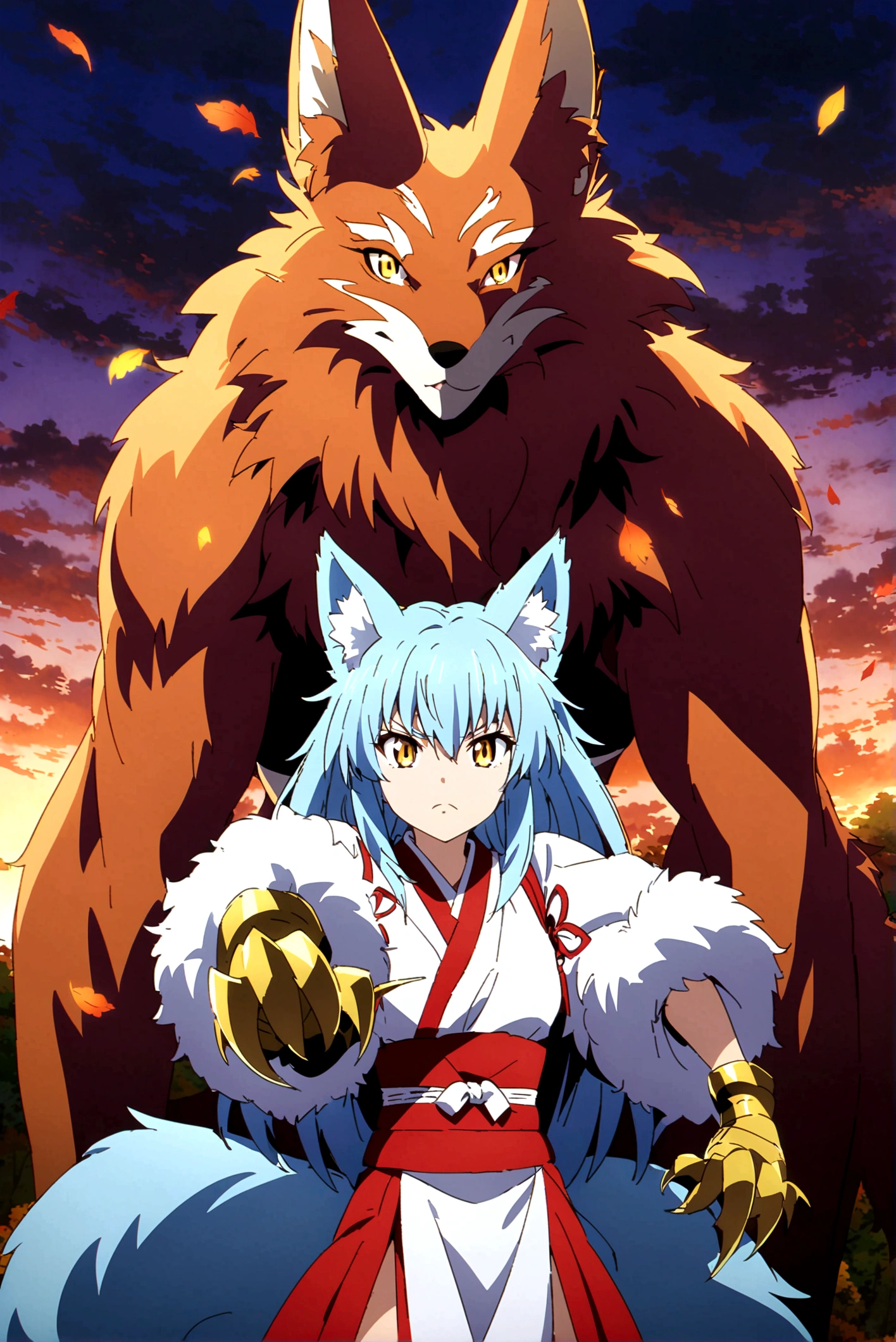 fox Light blue hair beast girl indigo fur fox beast girl Sesshomaru, Yellow eyes, Anime, Perfect face, Perfect Lighting, Outdoors, Warm colors, Dark purple sky, Autumn sunset, \(inuyasha\), Bearing Claw, Ready to fight