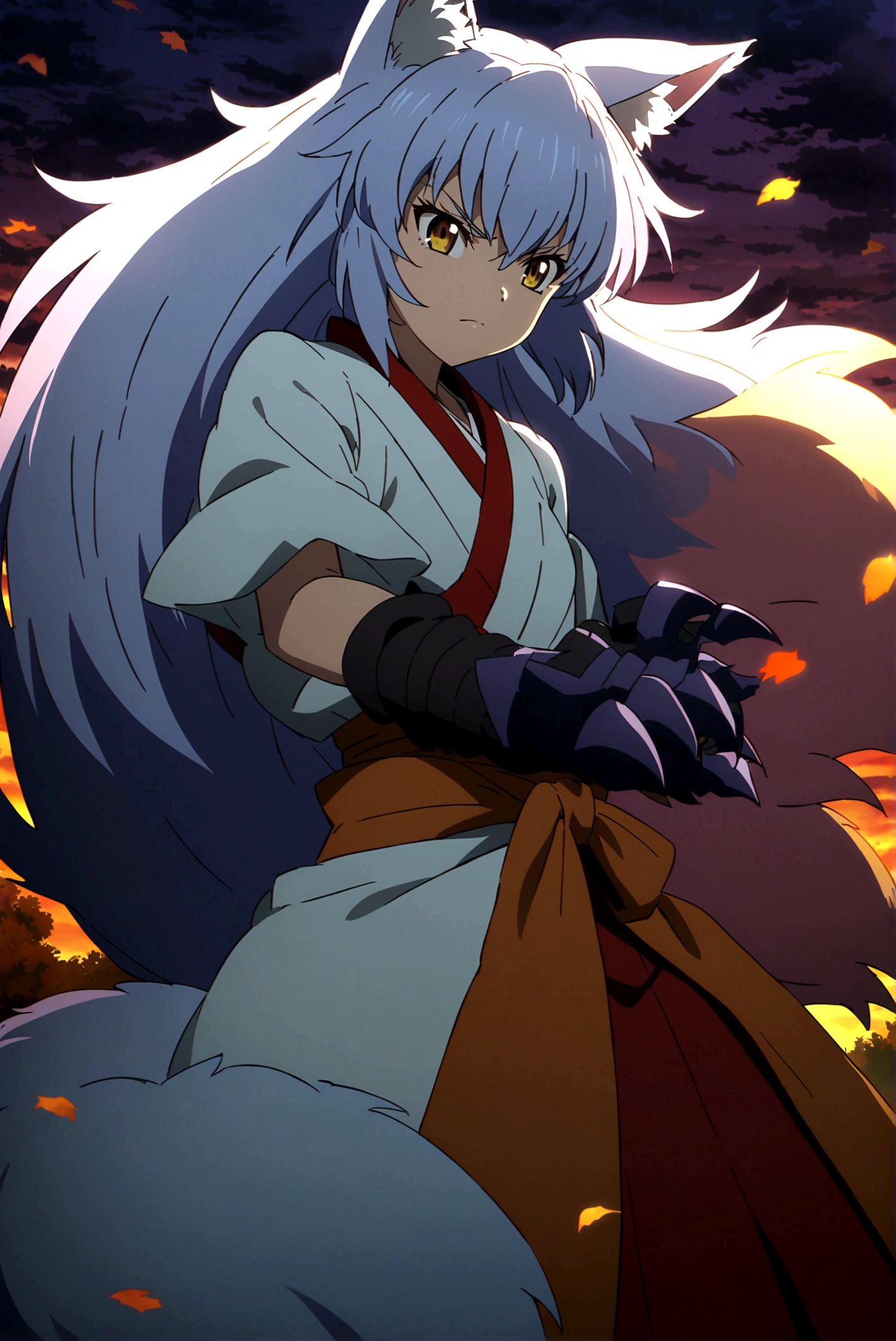 fox Light blue hair beast girl indigo fur fox beast girl Sesshomaru, Yellow eyes, Anime, Perfect face, Perfect Lighting, Outdoors, Warm colors, Dark purple sky, Autumn sunset, \(inuyasha\), Bearing Claw, Ready to fight