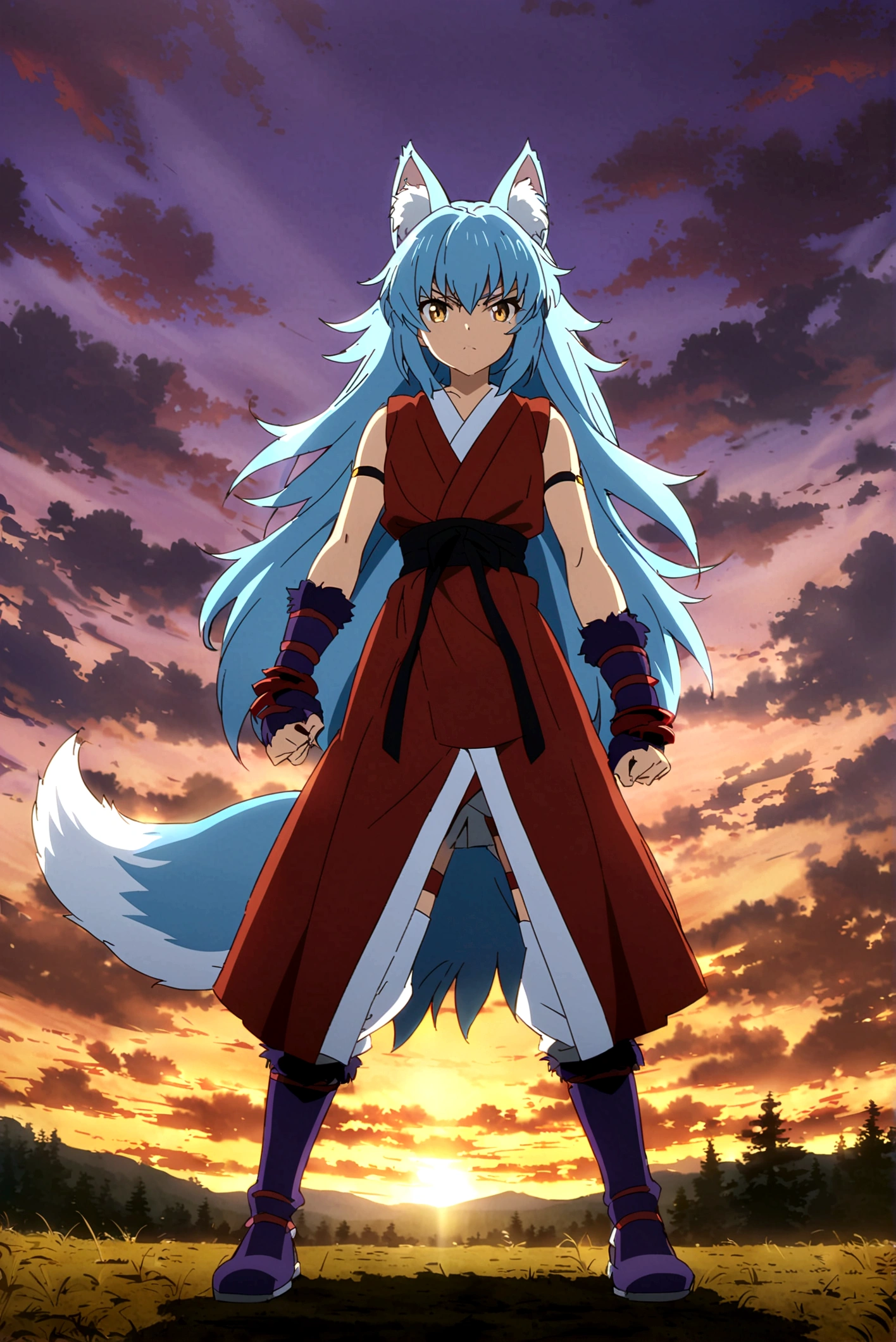 fox Light blue hair 　beast girl　indigo fur　fox beast girl　Sesshomaru, Yellow eyes, Anime, Perfect face, Perfect Lighting, Outdoors, Warm colors, Dark purple sky, Autumn sunset,  \(inuyasha\), Bearing Claw, Ready to fight