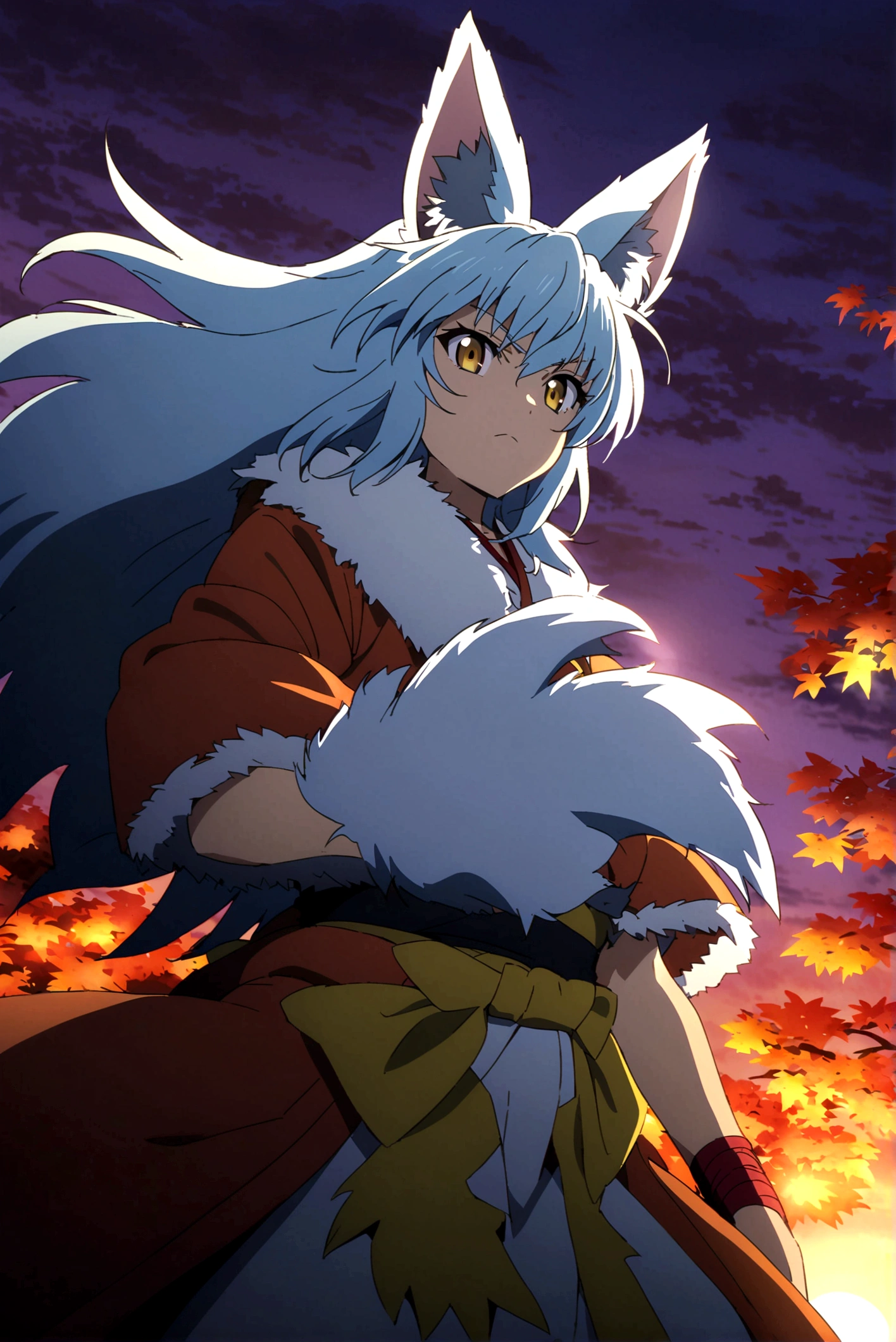 fox Light blue hair 　beast girl　indigo fur　fox beast girl　Sesshomaru, Yellow eyes, Anime, Perfect face, Perfect Lighting, Outdoors, Warm colors, Dark purple sky, Autumn sunset,  \(inuyasha\), Bearing Claw, Ready to fight