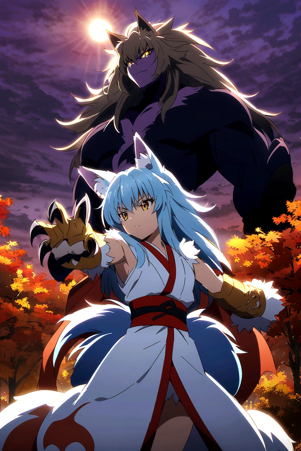 fox Light blue hair beast girl indigo fur fox beast girl Sesshomaru, Yellow eyes, Anime, Perfect face, Perfect Lighting, Outdoors, Warm colors, Dark purple sky, Autumn sunset, \(inuyasha\), Bearing Claw, Ready to fight