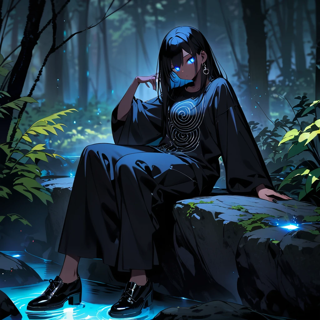 (well done:1)woman, completely dark skin, black spirals all over her body, long straight black hair, black cross earrings, completely white glowing eyes, black long-sleeved t-shirt with white spirals, black pants, black shoes. sitting on a rock in a forest