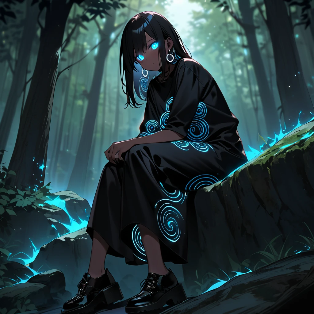 (well done:1)woman, completely dark skin, black spirals all over her body, long straight black hair, black cross earrings, completely white glowing eyes, black long-sleeved t-shirt with white spirals, black pants, black shoes.  sitting on a rock in a forest