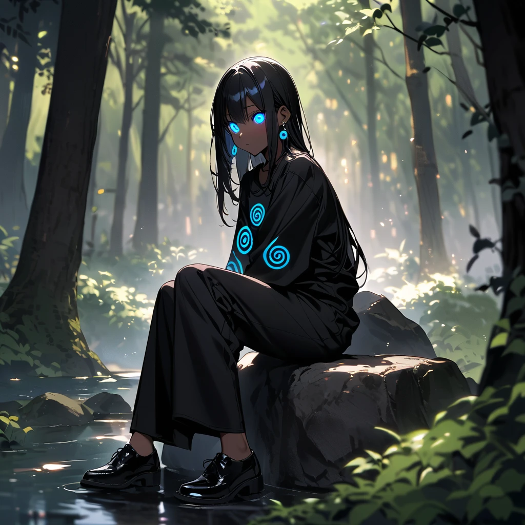 (well done:1)woman, completely dark skin, black spirals all over her body, long straight black hair, black cross earrings, completely white glowing eyes, black long-sleeved t-shirt with white spirals, black pants, black shoes.  sitting on a rock in a forest