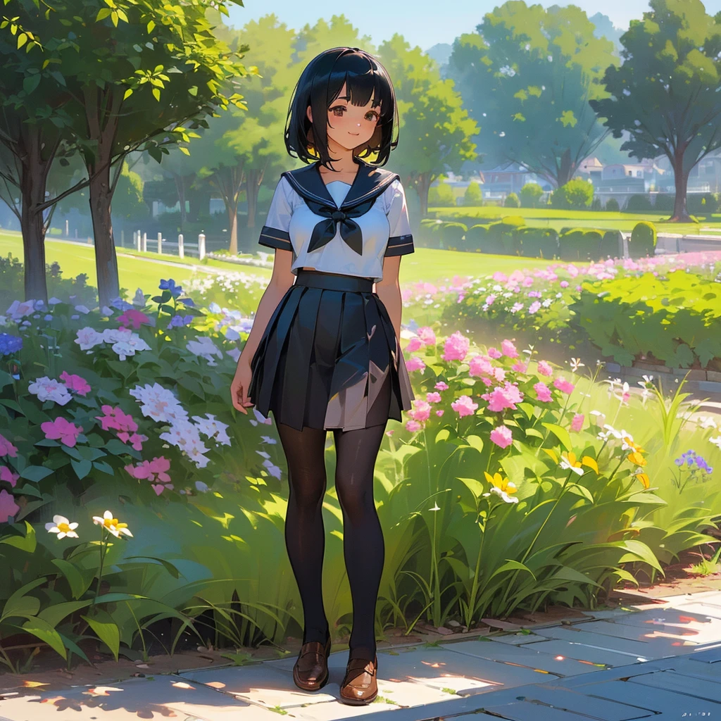 (Highest quality, High resolution, Super detailed, Realistic:1.37), Peaceful atmosphere, (Outdoor, garden), Teenage girl standing alone,(my breasts are big.),Beautifully detailed features, Cute Smile, ((Black bob hair)),Short-sleeved sailor uniform, Pleated skirt,Black tights,Brown leather shoes.