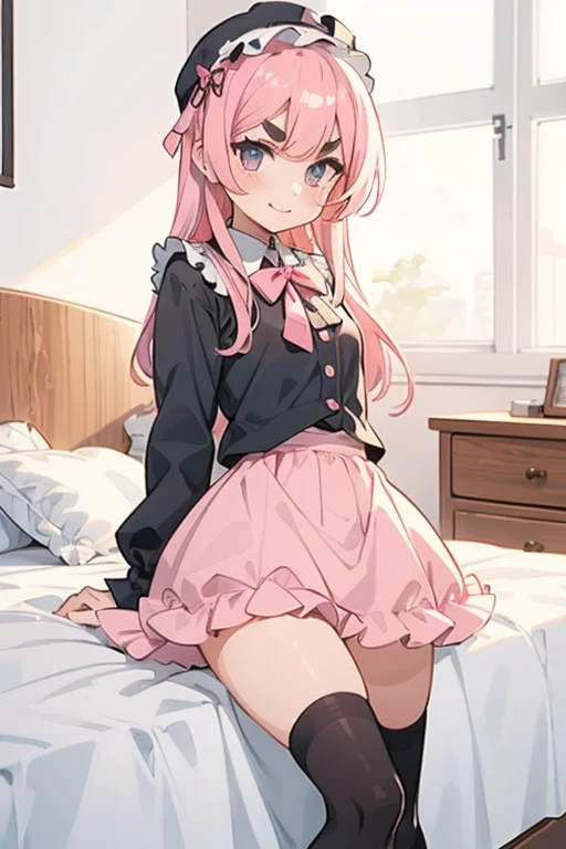 Girl with pink hair, long double-tailed hairstyle, ((small pink bushy eyebrows)), dressed in lolita clothes, marked vagina, lolicon (Zankuro) drawing style by zankuro artist, ザンクロー style, image uploaded to R34, looking to the camera with a flirtatious face, modeling underwear in his room, male pov