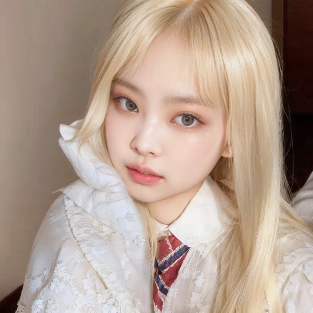 Blonde girl with long hair and a tie., ulzzang, lalisa manobal, shikami, Beautiful natural anime face, Kawaii realistic portrait, South Korean popular makeup, Sakimichan, pale korean adorable face, Popular Korean makeup, korean girl, long white hair and bangs, long blonde hair and big eyes, kim doyoung, kim jennie face , kim jennie from blackpink face.