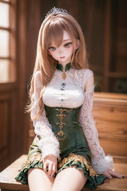 (SFW:2), photorealistic, realistic photo, ((highest quality)), ((masterpiece)), detailed, kukolnydom, doll, (mature woman, 22yo, 22 years old:1.6), solo, ((cowboy shot, sitting on desk, skinny, slender, slim, parted lips)), green eyes, brown hair, (looking down, blank eyes, empty eyes, detailed eyes, detailed face:1.3), princess dress, tiara, castle, 8k