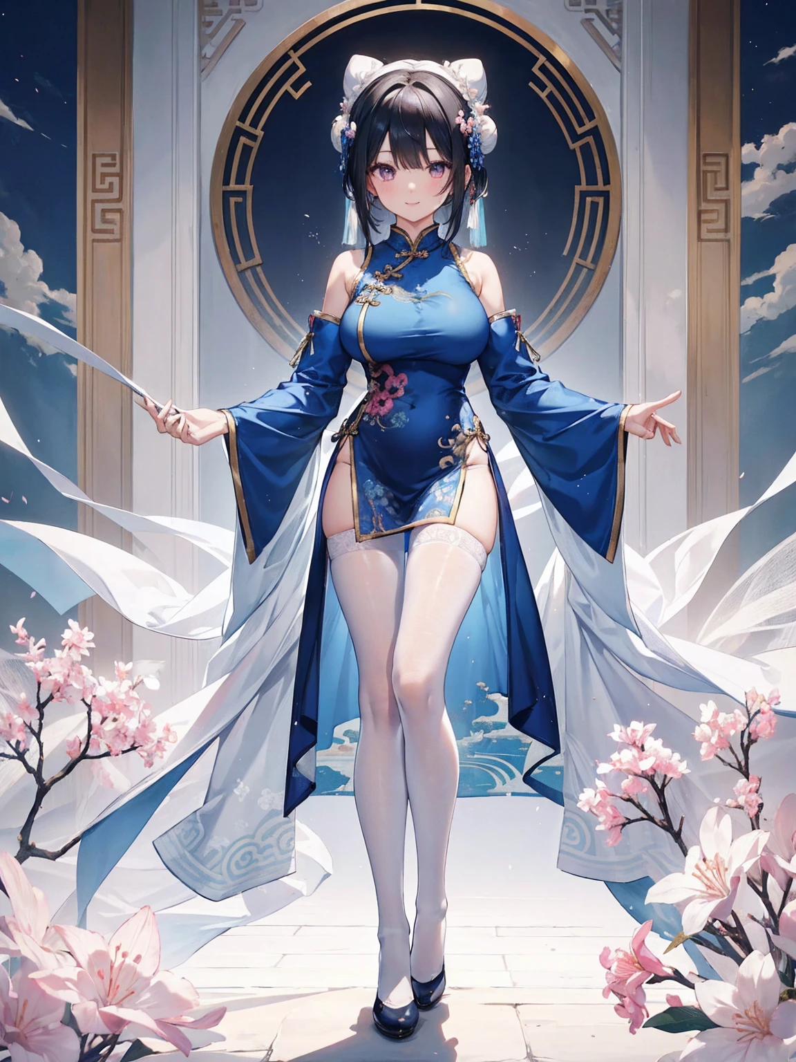 Masterpiece, best, 1 female, blue clothes, blue cheongsam, full body photo, ancient Chinese style, white cloth bun bun, black hair, shoulders, big breasts, slender legs, smile, white pantyhose, pantyhose lace side, white underwear, pale pink lips, embroidered dress
