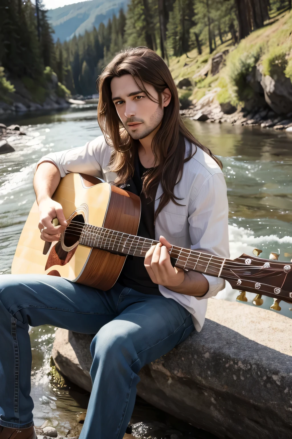 handsome man, with long brown hair playing guitar in front of a river.
