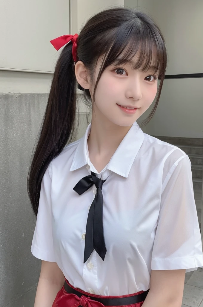 1 Girl, alone, Japanese girl, , 、(Highest quality, Realistic, High resolution, 8K, Very detailed, Detailed face, Shiny skin), Japanese , Collared shirt, White shirt, Red ribbon tie, Black Hair, ragged bangs, ponytail,Gazing into the distance,Checked mini skirt、Nice thighs、Are standing,smile、