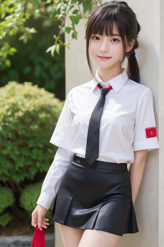 1 Girl, alone, Japanese girl, , 、(Highest quality, Realistic, High resolution, 8K, Very detailed, Detailed face, Shiny skin), Japanese , Collared shirt, White shirt, Red ribbon tie, Black Hair, ragged bangs, ponytail,Gazing into the distance,Checked mini skirt、Nice thighs、Are standing,smile、
