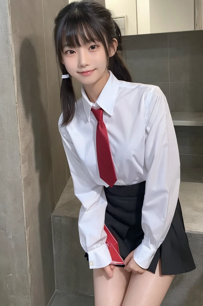 1 Girl, alone, Japanese girl, , 、(Highest quality, Realistic, High resolution, 8K, Very detailed, Detailed face, Shiny skin), Japanese , Collared shirt, White shirt, Red ribbon tie, Black Hair, ragged bangs, ponytail,Gazing into the distance,Checked mini skirt、Nice thighs、Are standing,smile、