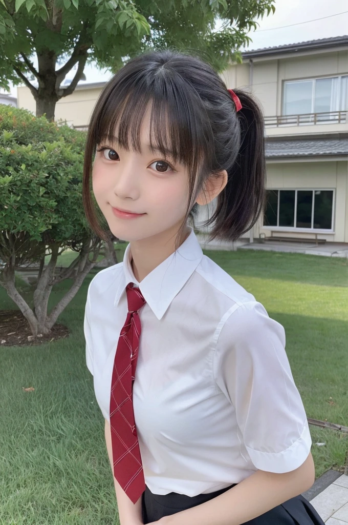 1 Girl, alone, Japanese girl, 14 years old, 、(Highest quality, Realistic, High resolution, 8K, Very detailed, Detailed face, Shiny skin), Japanese , Collared shirt, White shirt, Red ribbon tie, Black Hair, ragged bangs, ponytail,Gazing into the distance,Checked mini skirt、Nice thighs、Are standing,smile、