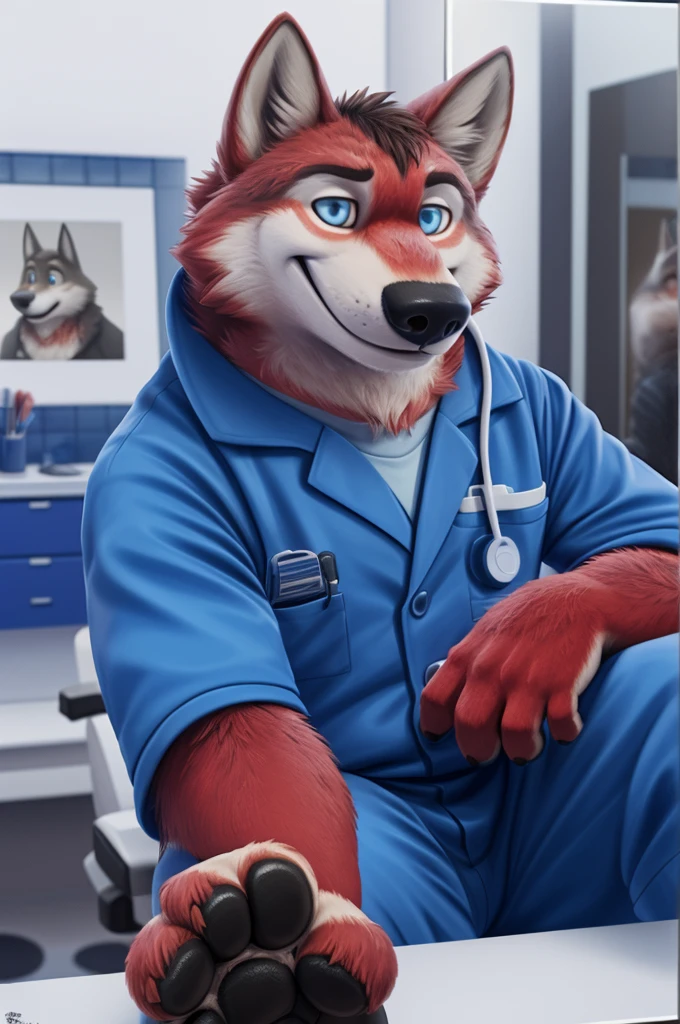 Ivan Fedorovich Wolfbach (Novosibirsk) ,tall handsome, wolf,young, 24 years, brown fur,Kind,(red body:1.3),beautiful blue eyes,Novosibirsk,dressed,medical suit, doctor surgeon ophthalmologist, canine, wolf, detailed fur, male, second, paw pads, finger claws,At the viewer, 5 fingers, paws, 5 fingers, smile, wrist watch, т nextel,by xenoforge, (difficult, high detail, digital photography, soft focus, RAW,Is going to the shop, ,Very close to the camera, variety,Novosibirsk, smile, good mood, positive, Very close to the camera, medical suit, eye microsurgery, 
Photorealism, realistic, photorealistic, digital style, Subsurface scattering,I look at the viewer,is sitting, looks at the mirror, men&#39;s cosmetics, perfume perfumery, plaid shirt, 
masterpiece, Best quality, ultra realistic, 8 thousand.)